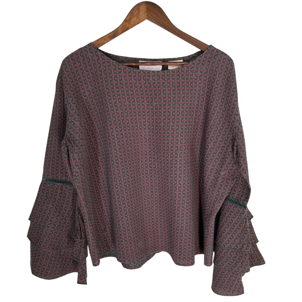 Panhandle Women‎ XL Teal Pink Geometric Tiered Bell Sleeve Rayon Blouse Boho
